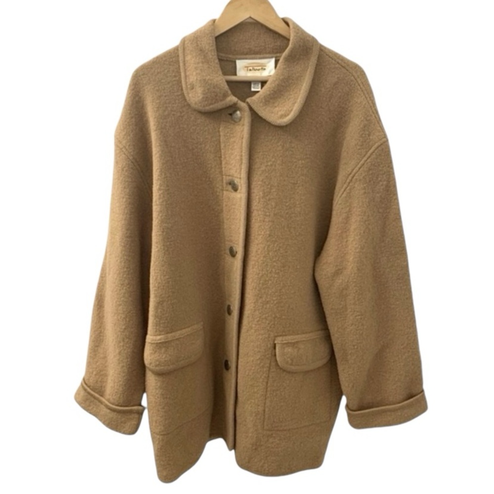 Vintage Women’s Unique Tan 100% Wool Metal Button Sweater Boucle Coat Size: L